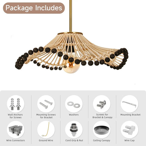 Hodevimall 19.6" Boho Rattan Pendant Light Fixture with matte black beads, showcasing assembly components and details.