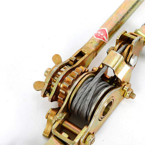 Close-up of Beefy 2 Ton Come Along Winch Hand Cable Puller With 2 Hooks And 2 Gears, featuring durable steel construction.