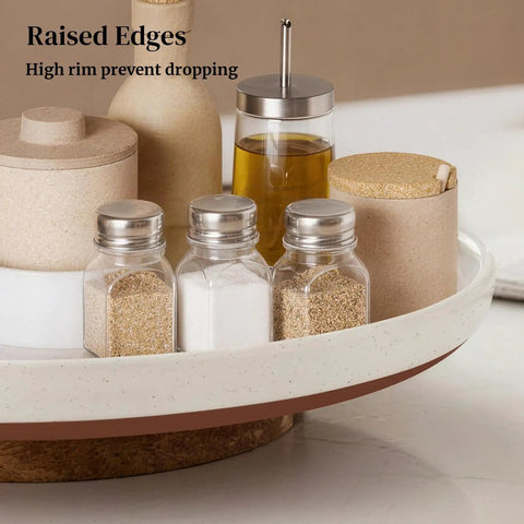 Super Smooth Spinning Ceramic Lazy Susan Tray With Natural Acacia Wood Base Round Rotating Kitchen Counter Organizer And Farmhouse Condiment Holder Totally Game Changer with spices and condiments displayed.