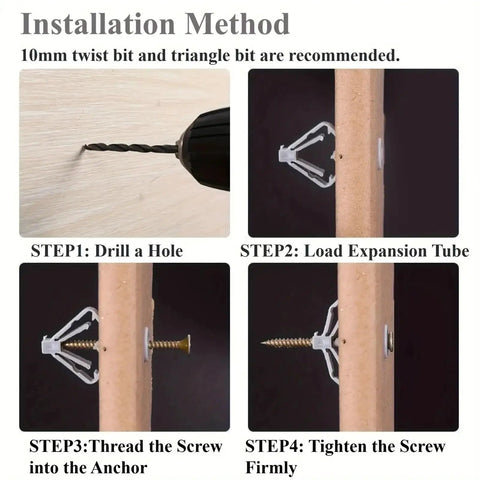 Installation steps for Self Drilling Drywall Anchors Kit 100 Sets M3 5 Hollow Wall Anchors with Screws and Expansion Tubes