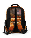 Fall Farmer Pumpkin Barn printed unisex backpack back view showing straps, large capacity, durable polyester material.