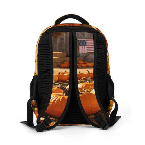 Fall Farmer Pumpkin Barn printed unisex backpack back view showing straps, large capacity, durable polyester material.