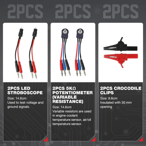114 Piece Multimeter Test Leads Kit With Back Probe Probes And Alligator Clips For Automotive Diagnostics And Electrical Testing Perfect For Auto Techs And DIY Labs, displaying 2PCS LED Stroboscope, Potentiometer, and Crocodile Clips.