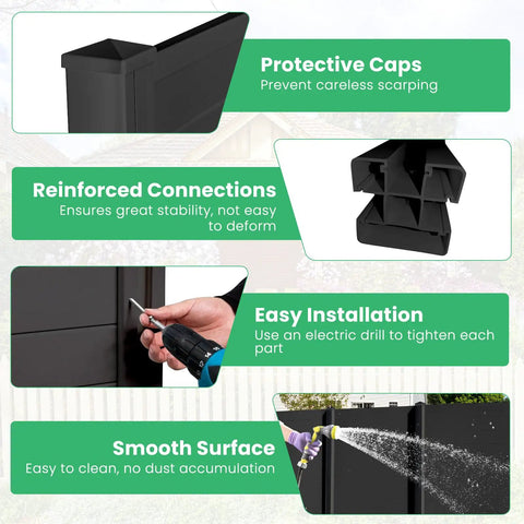 Two Panels Outdoor Privacy Screen For No Fuss Setup 48 Inch By 48 Inch Fence For Air Conditioner And Trash Can Enclosure PP Vinyl Decorative Fences For Garden Patio Lawn Black showing features like protective caps and easy installation
