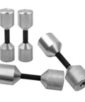 Four stainless steel flange two-hole alignment pins with knurled ends; diameters 1-1/8 and 1-5/8 in.
