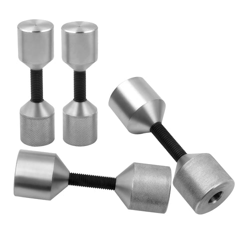 Four stainless steel flange two-hole alignment pins with knurled ends; diameters 1-1/8 and 1-5/8 in.