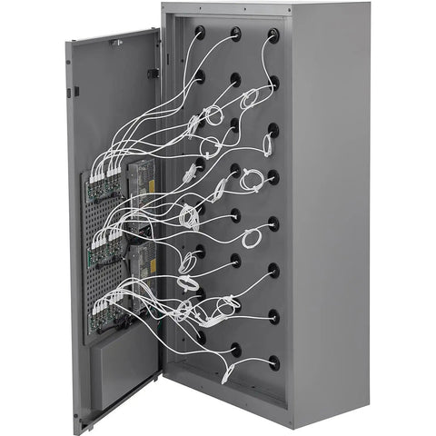Inside view of Secure 24 Door Clear View Cell Phone Charging Locker With Usb C Micro Lightning Ports for organized charging.