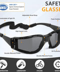Snag These Hella Clear Anti Fog Safety Glasses With Thick Foam Cushion And Secure Strap Plus Durable Pouch Two Pack side view with adjustable strap.