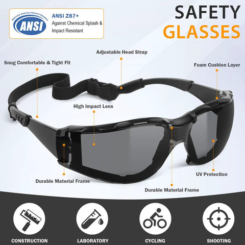 Snag These Hella Clear Anti Fog Safety Glasses With Thick Foam Cushion And Secure Strap Plus Durable Pouch Two Pack side view with adjustable strap.