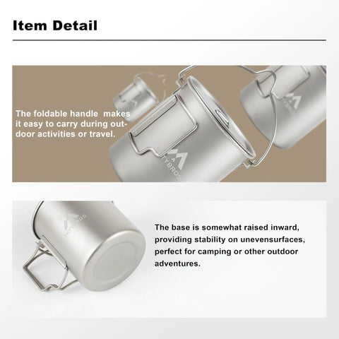 Pure Titanium 750ml Camping Pot With Spork Kit for Solo Backpacking shown with foldable handles and hangable design