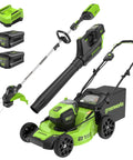 80V 21 Inch Brushless Cordless Lawn Mower, 500 CFM Axial Leaf Blower, And 13 Inch String Trimmer Combo Kit with batteries and charger