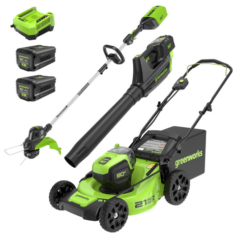 80V 21 Inch Brushless Cordless Lawn Mower, 500 CFM Axial Leaf Blower, And 13 Inch String Trimmer Combo Kit with batteries and charger