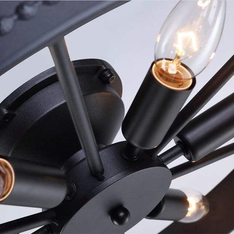 Rustic 6 Light Slick Metal Ceiling Light Fixture In Black With Industrial Round Spoke Wheel Design Semi Flush Mount Farmhouse Chandelier For Kitchen Island Dining Room Entryway Bedroom Hallway Living Room