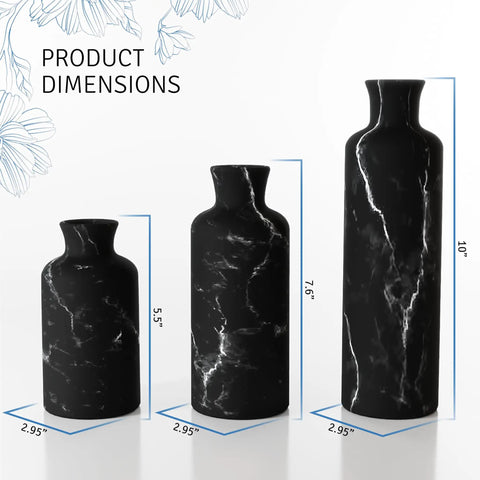 Black Marble Look Vase Set With Dope Matte Resin Finish, Modern Home Decor For Pampas Grass, Dried Or Fresh Flowers