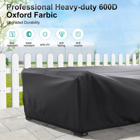 Heavy Duty Waterproof Patio Furniture Covers For Outdoor Sectional Sofa Sets And Table And Chair Sets Fits Up To 6-8 Chairs 108 In L By 82 In W By 28 In H All Weather Protection Year Round showcasing 600D Oxford fabric on a patio.