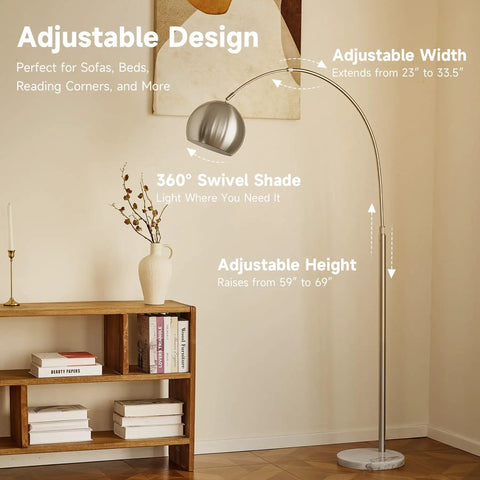 Tall Arc Floor Lamp With Marble Base In Brushed Nickel LED Bulb Included Adjustable Height 59 To 69 Inches 360 Rotating Shade