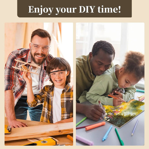 Family crafting scenes emphasizing DIY creativity with projects using Five Pack 12 By 12 Inch Basswood Plywood Sheets One Sixteenth Inch Thick Unfinished Wood Blanks For Laser Cutting Engraving Burning And Craft Projects DIY Friendly Great For Model Making Home Decor And Classroom Crafts.