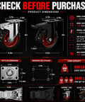 Heavy Duty 5 Inch Swivel Caster Wheels 4 Pack dimensions chart, showcasing wheel size and load capacity specs.
