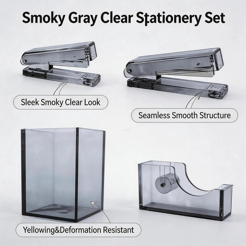 Smoke Grey 4 Piece Acrylic Office Desk Gear Kit with staplers, pen cup, and tape dispenser, transparent desk organizer set