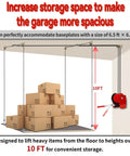 One Person Adjustable Overhead Garage Storage Lift With Hand Crank No Ladder Needed Heavy Duty Ceiling Mounted Rack System 300 Lb Capacity Hoist For Easy Garage Organization And 16 Ft Reach shown lifting boxes in garage.