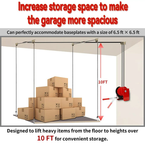 One Person Adjustable Overhead Garage Storage Lift With Hand Crank No Ladder Needed Heavy Duty Ceiling Mounted Rack System 300 Lb Capacity Hoist For Easy Garage Organization And 16 Ft Reach shown lifting boxes in garage.