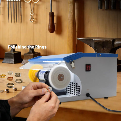 Pro Grade Heavy Duty 500W Jewelry Bench Polisher With Integrated Dust Collector And Adjustable Speed Control For Serious Jewelers Kickin Torque Motor Double Head Grinding Buffing Station in use polishing rings.