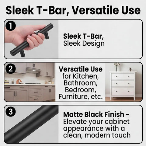 10 Piece Matte Black Stainless Steel Cabinet Handles for Kitchen Cabinets and Drawer Pulls, Sleek T-Bar design