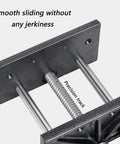 Heavy Duty Woodworker Vice Bench Clamp With Smooth Gliding Rails For Precise Clamping Tasks and Rock Solid Desktop Workbench Holding Power close-up of precision track for smooth sliding.