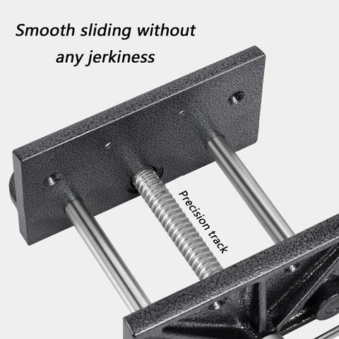 Heavy Duty Woodworker Vice Bench Clamp With Smooth Gliding Rails For Precise Clamping Tasks and Rock Solid Desktop Workbench Holding Power close-up of precision track for smooth sliding.