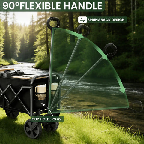 Foldable Wagon With Wheels Grab And Go Portable Collapsible Cart For Camping Groceries Garden And Sports Lightweight 10 lb Utility Wagon With Flexible Handle Black, showing side view and springback handle design.