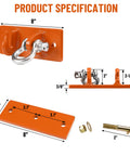 Tractor Bucket Hooks Bolt On Clevis Mount With Half Inch Shackle And Five Sixteenth Inch Grab Hooks WLL 4700 Lbs Forged G70 Steel On Laser Cut Backer Plate Beefy Heavy Duty Tow Hook For SUV RV UTV Tractors Orange, product specifications showing dimensions and components.