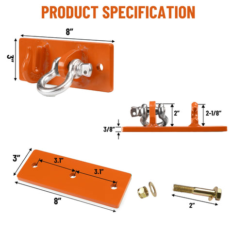 Tractor Bucket Hooks Bolt On Clevis Mount With Half Inch Shackle And Five Sixteenth Inch Grab Hooks WLL 4700 Lbs Forged G70 Steel On Laser Cut Backer Plate Beefy Heavy Duty Tow Hook For SUV RV UTV Tractors Orange, product specifications showing dimensions and components.