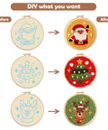 Before and after images of embroidery hoops completed with Punch Needle Kit For Beginners With Wooden Handle Tools, Christmas designs