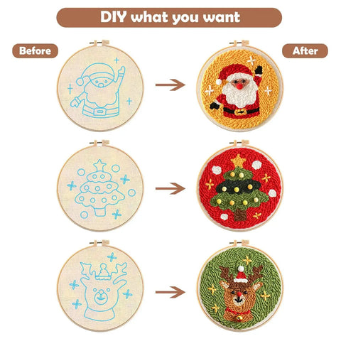 Before and after images of embroidery hoops completed with Punch Needle Kit For Beginners With Wooden Handle Tools, Christmas designs