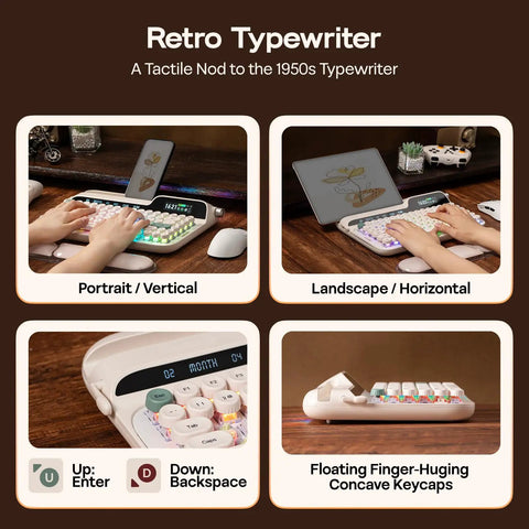 Dope Wireless Retro Typewriter Mechanical Keyboard With Screen And Smooth Rotary Knob Plus Premium Round Pbt Keycaps For Hot Swappable Switches And Custom Rgb Lighting Alongside A Comfy Wrist Rest For Epic Pc Mac Gaming Vibes And Daily Work shown in portrait and landscape orientations with cozy wrist rest.