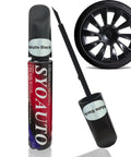 Premium Matte Black Rim Touch Up Paint Pen For Wheel Scratch Repair And Curb Rash Fix with applicator next to matte black wheel.