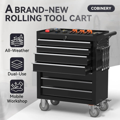 Rolling Tool Chest With Seven Drawers On Wheels, Metal Lockable Tool Storage Cabinet With Swivel Casters And Brakes, Heavy Duty Toolbox For Garage, Workshop, Warehouse Or Repair Shop, Black, front view