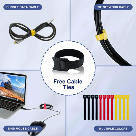 Free cable ties for organizing cords, includes multi-color options for USB, TV, and Ethernet cables.
