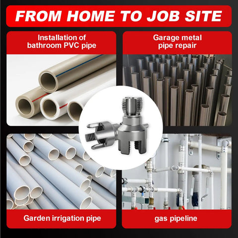 Two Piece Pipe Threading Tool Kit For Water Pipes With Half Inch And Three Quarter Inch Internal And External Threaders Alloy Steel Construction Drill Compatible Grab And Go DIY Plumbing Solution For Home And Pro Projects featured with various pipe types