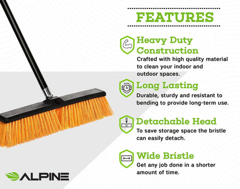 Real Deal Heavy Duty Push Broom With Long Handle Made To Crush Daily Grime On Smooth Floors Sweeps Sand Mud Leaves And Water Easy Without Breaking A Sweat In Bright Yellow 18 Inches Wide features heavy duty construction with detachable head and wide bristles.