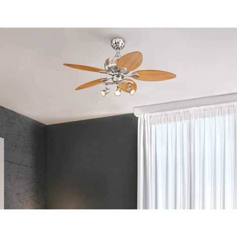 44 Inch Indoor Ceiling Fan With Light And LED, Reversible Maple And Mahogany Blades, Brushed Nickel Copper Accents in room