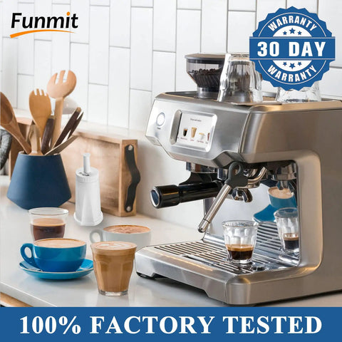 Top Shelf Coconut Activated Carbon Water Filter Replacement For Compatible Espresso Machines in a kitchen setting with coffee cups.
