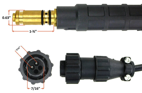 Close-up of connectors on 150 Amp MIG Welder Gun Torch for Lincoln Magnum with dimensions labeled.
