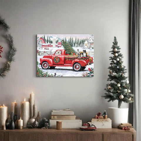 Vintage Red Pickup Truck Christmas Canvas Wall Art 12X16 Inch Rustic Farmhouse Decor With Christmas Tree Scene For Living Room