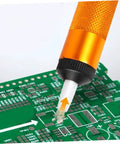 Three Piece Aluminum Desoldering Solder Absorber Pump Sucker For PCB One Hand Use Easy Grip Solder Removal Tool Kit shown on PCB