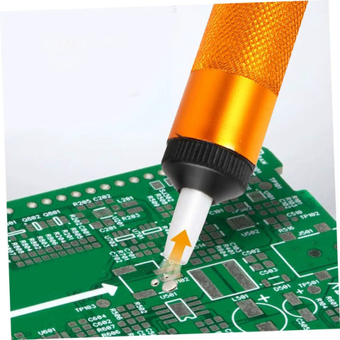 Three Piece Aluminum Desoldering Solder Absorber Pump Sucker For PCB One Hand Use Easy Grip Solder Removal Tool Kit shown on PCB