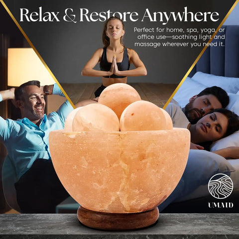 Cozy Himalayan Salt Lamp Bowl With Six Massage Balls, Dimmable Pink Rock Salt Light For Bedroom, Office Desk And Meditation Room