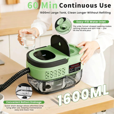Handheld Steam Cleaner With 2500W Beast Mode Power And 1600Ml Tank, easy-fill inlet and visible water tank for continuous use.