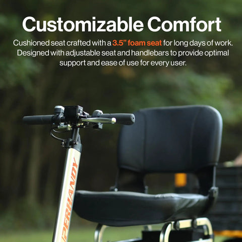 Awesome Heavy Duty Electric Tugger Cart With 2600 Lb Tow Power showing cushioned seat and handlebars for comfort in warehousing.
