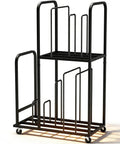 Two Tier Mobile Carton Cart With Eight Adjustable Dividers Rolling Packing Station in black metal with wheels for easy transport.